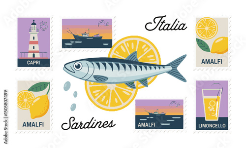 Modern vectors of postage stamp illustrations inspired by Italian coastal themes, summer stamp from Italy, are easily editable and scalable.