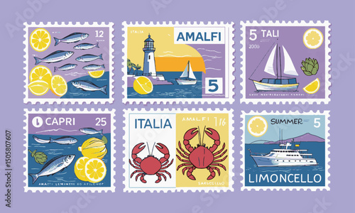 Modern vectors of postage stamp illustrations inspired by Italian coastal themes, summer stamp from Italy, are easily editable and scalable.