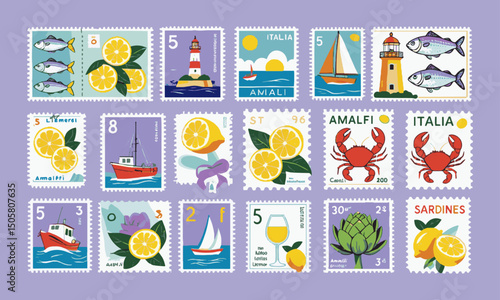 Modern vectors of postage stamp illustrations inspired by Italian coastal themes, summer stamps from Italy, are easily editable and scalable.