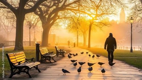 Misty sunrise park path, lone walker, birds.