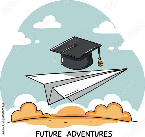 Graduation cap flying above paper plane with clouds and future adventures text vector illustration 
