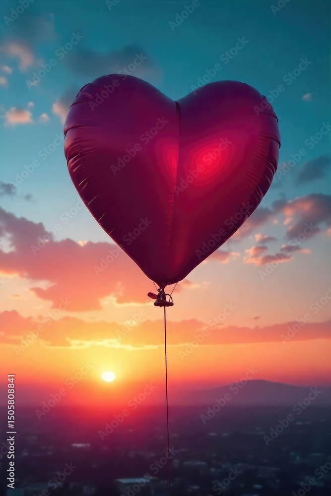 Fototapeta premium A lone heart-shaped balloon floats against a vibrant sunset, symbolizing the search for love and companionship , solitude, orange