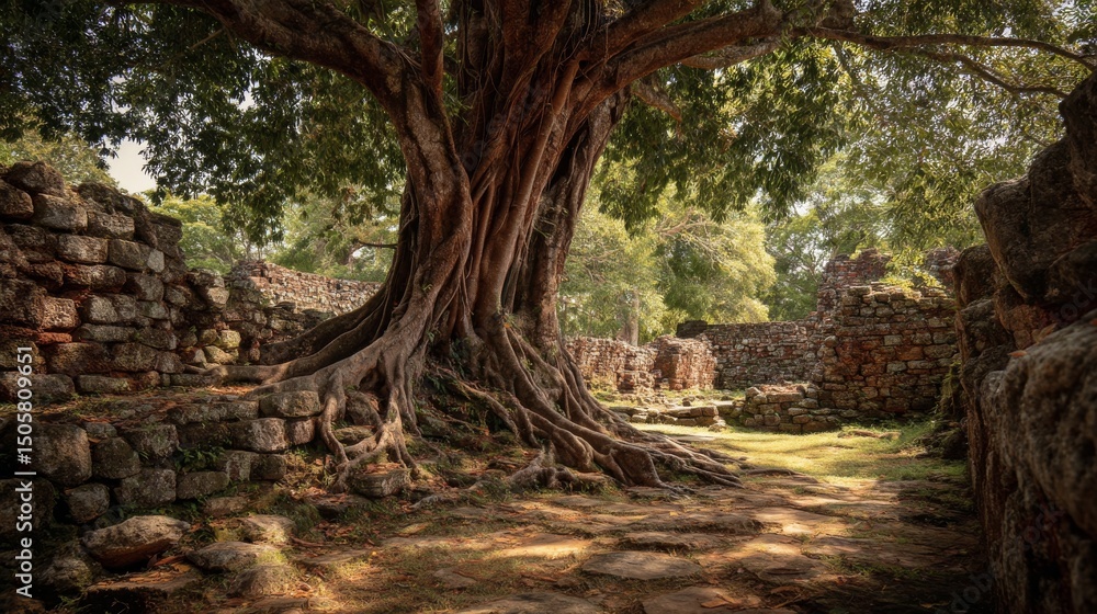 Fototapeta premium Ancient Ruins Under a Majestic Tree