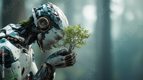 A futuristic human-like droid gently holding a small green tree symbolic creativity of ecology, sustainable and care for nature, technology and environment concept.