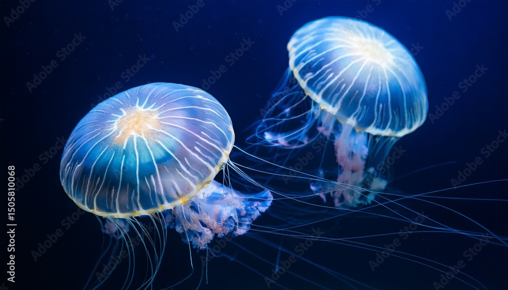 Naklejka premium two spotted jellyfish glow gently while floating in dark underwater space