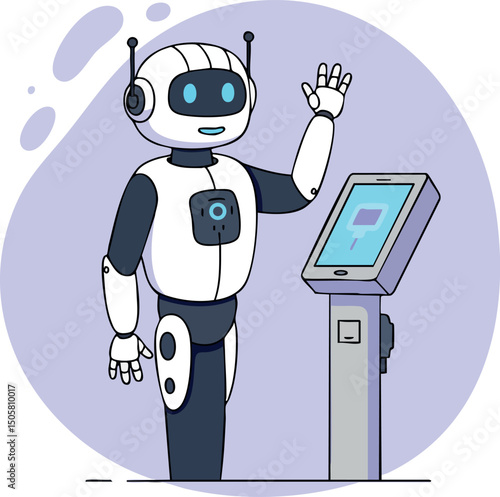 Humanoid robot interacting with touchscreen kiosk technology vector illustration 