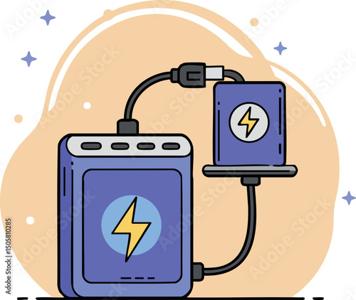 Portable power bank charging smartphone with lightning bolt symbol vector illustration 