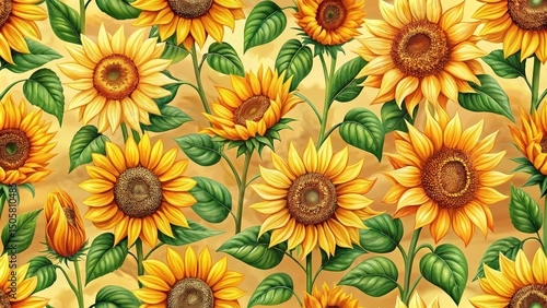 A vibrant and cheerful sunflower pattern, with bright yellow petals and deep green leaves, creating a warm and sunny atmosphere.