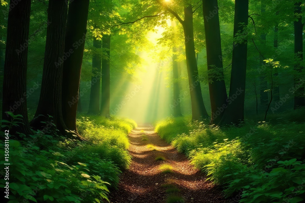 Obraz premium Sun-dappled forest path winds through lush green canopy, sunlight filtering through leaves, creating magical ambiance Tranquil, serene nature scene , canopy, scenery, summer
