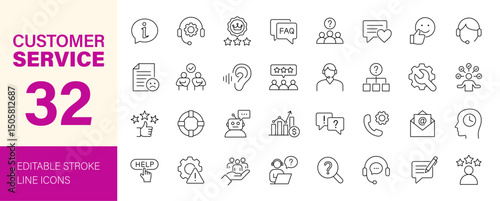 Customer service icon set. Containing support, help, assistance, feedback, satisfied, operator, FAQ, question, complaint, brand reputation and more. Editable line icons. Vector illustration.