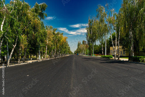 Newly completed asphalt surface stretches through a tree-lined street, showcasing recent road construction and paving activity, with smooth black pavement and no active equipment visible