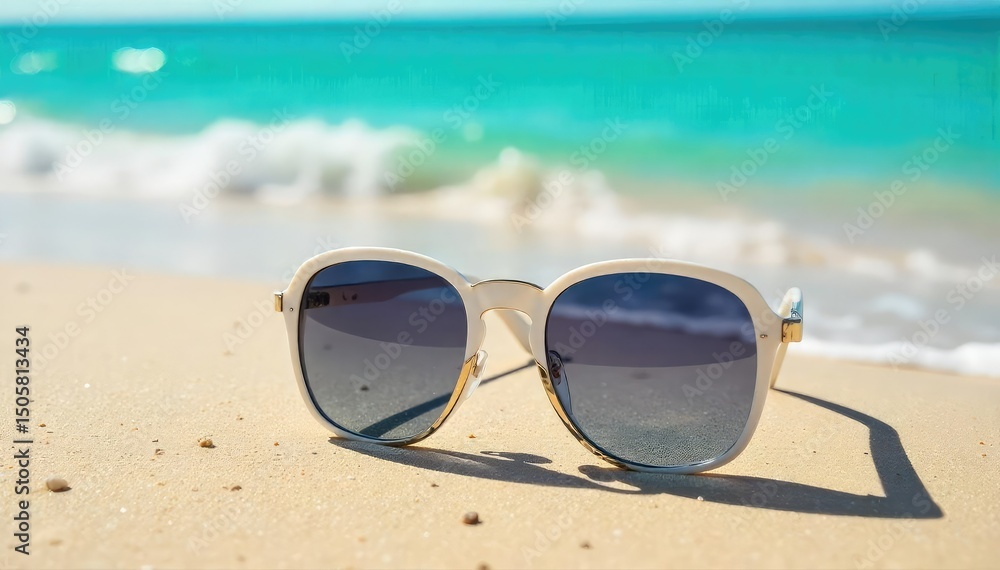 Stylish summer sunglasses resting on a sun-drenched beach, reflecting the vibrant blue ocean Perfect for travel, vacation, and summer promotional material , frame, sunglasses frame, eyewear Stylish summer sunglasses resting on a sun-drenched beach, reflecting the vibrant blue ocean Perfect for travel, vacation, and summer promotional material , frame, sunglasses frame, eyewear