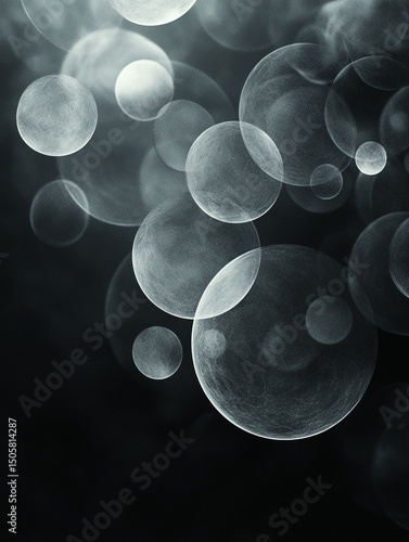 An abstract black and white image features a collection of translucent, overlapping bubbles of varying sizes. The bubbles are scattered across a dark background, creating a sense of depth and movement