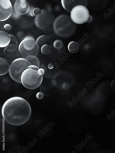 An abstract black and white image features a collection of translucent, overlapping bubbles of varying sizes. The bubbles are scattered across a dark background, creating a sense of depth and movement