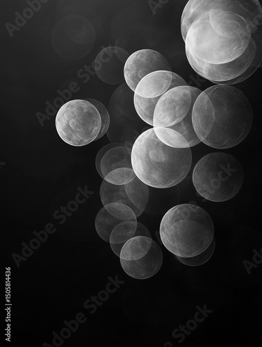 An abstract black and white image features a collection of translucent, overlapping bubbles of varying sizes. The bubbles are scattered across a dark background, creating a sense of depth and movement