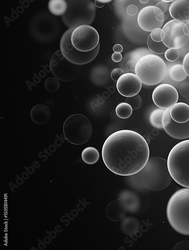 An abstract black and white image features a collection of translucent, overlapping bubbles of varying sizes. The bubbles are scattered across a dark background, creating a sense of depth and movement