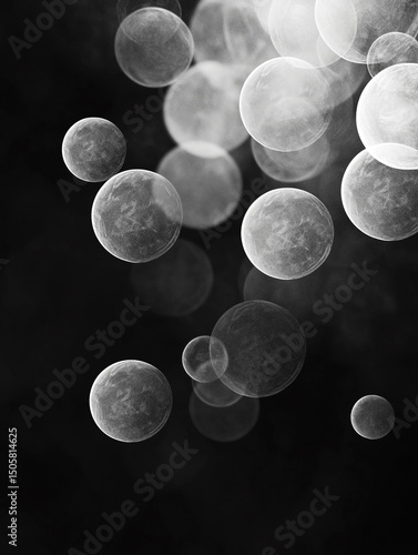 An abstract black and white image features a collection of translucent, overlapping bubbles of varying sizes. The bubbles are scattered across a dark background, creating a sense of depth and movement
