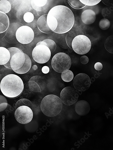 An abstract black and white image features a collection of translucent, overlapping bubbles of varying sizes. The bubbles are scattered across a dark background, creating a sense of depth and movement