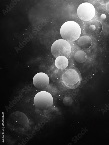 An abstract black and white image features a collection of translucent, overlapping bubbles of varying sizes. The bubbles are scattered across a dark background, creating a sense of depth and movement