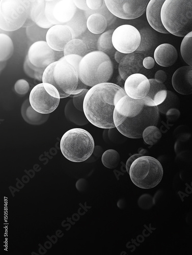 An abstract black and white image features a collection of translucent, overlapping bubbles of varying sizes. The bubbles are scattered across a dark background, creating a sense of depth and movement