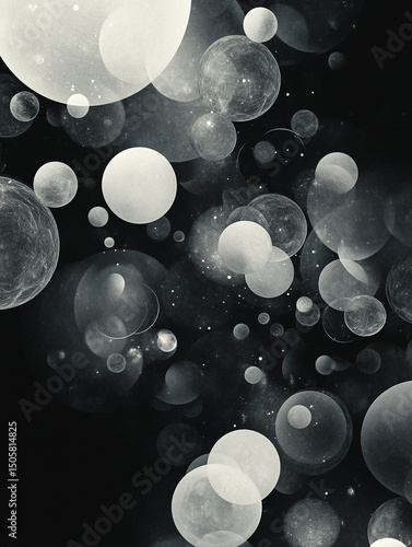 An abstract black and white image features a collection of translucent, overlapping bubbles of varying sizes. The bubbles are scattered across a dark background, creating a sense of depth and movement