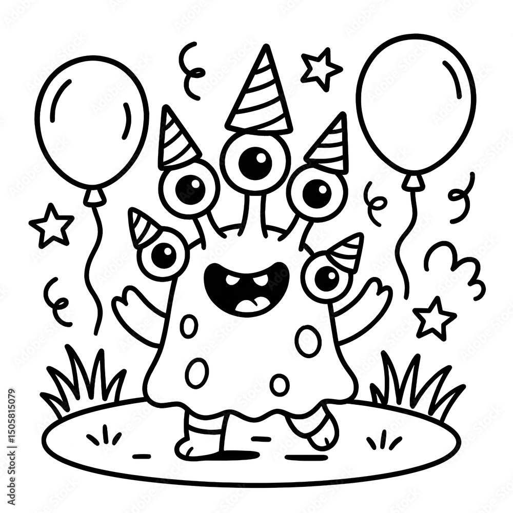 Fototapeta premium A fun and colorful monster-themed children’s coloring book cover. The background is a bright sky with lightning bolts, stars, and swirls. The big title reads “BOLD and Easy MONSTER Coloring Book” 