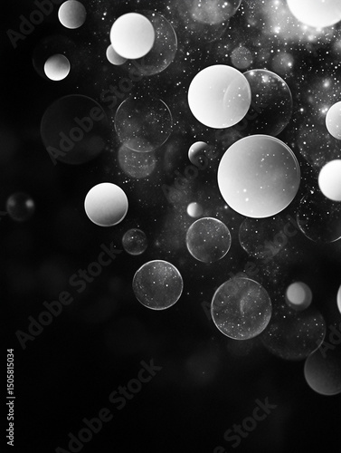 An abstract black and white image features a collection of translucent, overlapping bubbles of varying sizes. The bubbles are scattered across a dark background, creating a sense of depth and movement