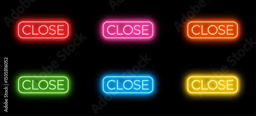 Vibrant neon vector set of multi-color close text buttons isolated on black background