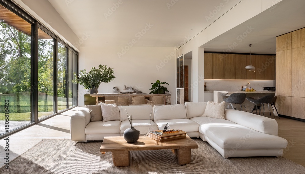 Fototapeta premium spacious open plan living room with modern interior design featuring white sofa