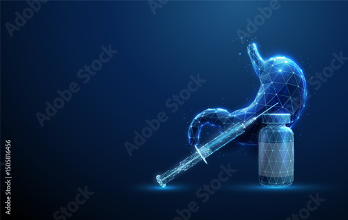 Blue human stomach with a syringe and medicine bottle. Medical treatment, gastric protection concept.