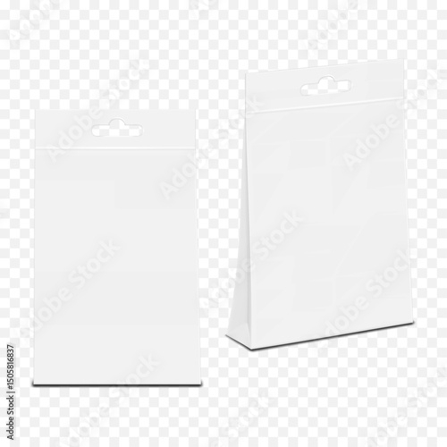 White blank folding paperboard carton flat bottom triangle box with euro hole. Realistic 3d vector mock-up. Hanging cardboard paper gusseted gift bag packaging. Mockup. Template for design