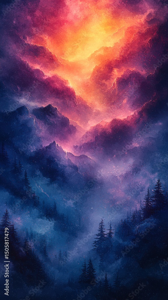 Obraz premium Colorful watercolor painting showcasing a stunning sunset with a gradient blend of purple and blue hues across a vibrant background, reflecting beautiful artistic expression.
