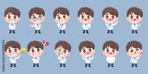 Cartoon cute man doctor character pose set design. premium vector.