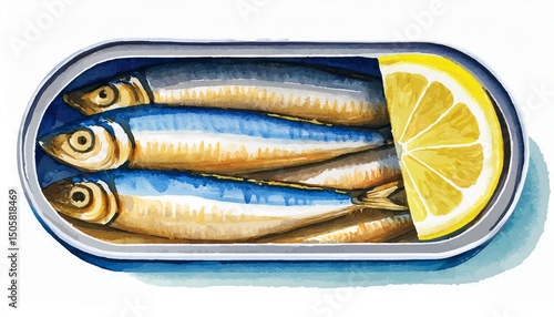 watercolor painting of sardines in a tin can with lemon slice