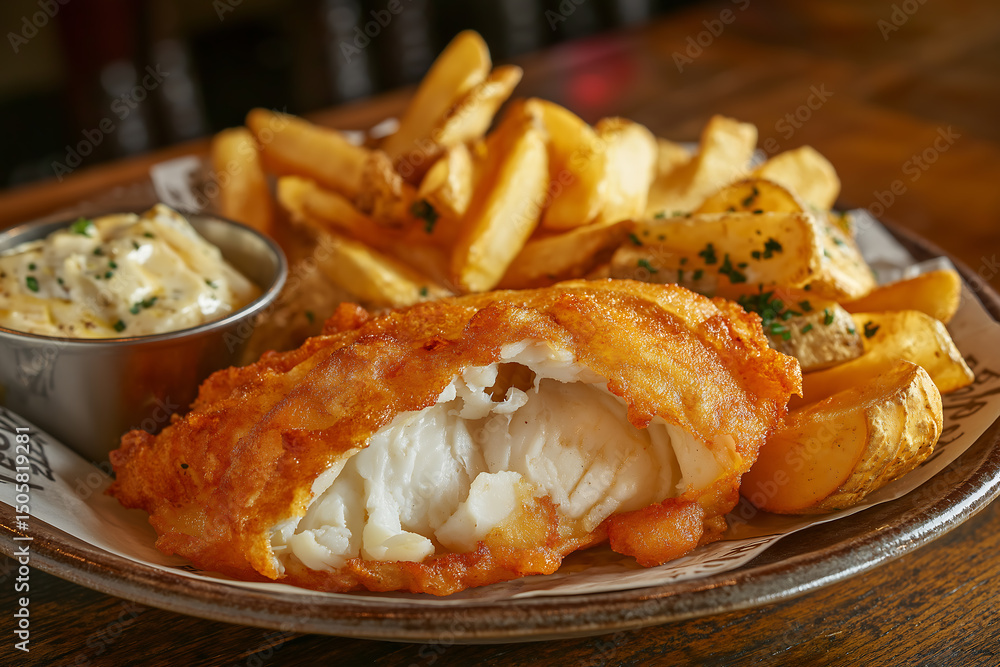 Close up of fish and chips with tartar sauce on a decorative plate Close up of fish and chips with tartar sauce on a decorative plate