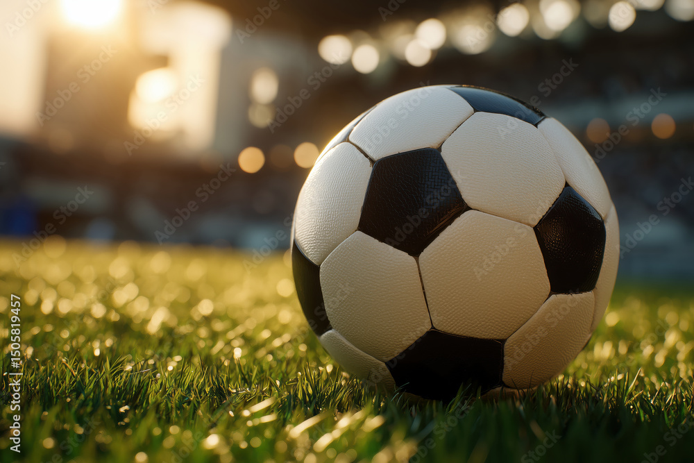 Obraz premium Soccer Ball on the Field: A photorealistic, close-up view of a classic black and white soccer ball rests on lush green grass, set against a backdrop of a stadium with the warm glow of the setting sun.