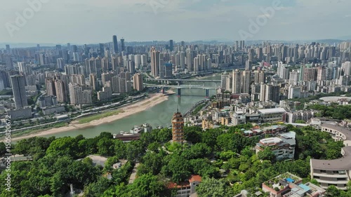 Cityscape view of chongqing with jialing river and pagoda