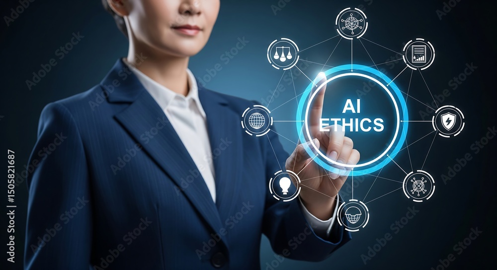 Businesswoman Touching AI Ethics Interface Artificial Intelligence Governance and Responsibility Concept Businesswoman Touching AI Ethics Interface Artificial Intelligence Governance and Responsibility Concept
