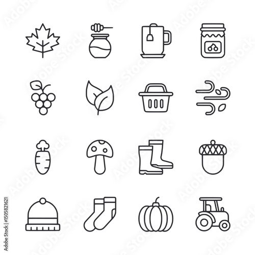 Lineart image of autumnal symbols leaf grapes carrot and tractor