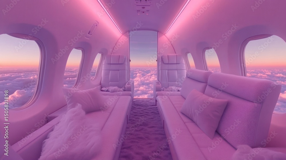 Obraz premium Luxurious private jet cabin with pink lighting, showcasing comfortable seating and stunning cloud views at sunset.