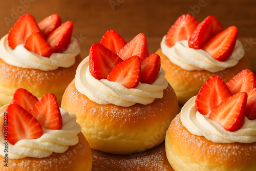 Golden-brown cream-filled doughnuts topped with fluffy whipped cream and glistening strawberry slices, powdered sugar gently dusting their surfaces, creating an appetizing food photography scene