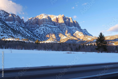Snowy Mountain Landscape with Evergreen Trees and Roadway at Dawn