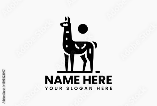 Stylized black and white vector logo illustration of a llama head with patterned fur on a plain background. Animal concept