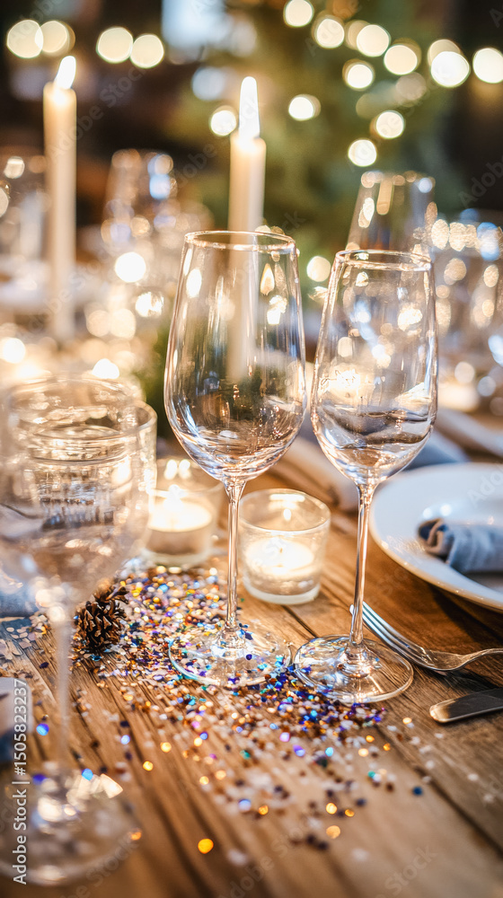 Fototapeta premium Elegant celebration dinner table with glassware, candles, and glittering confetti