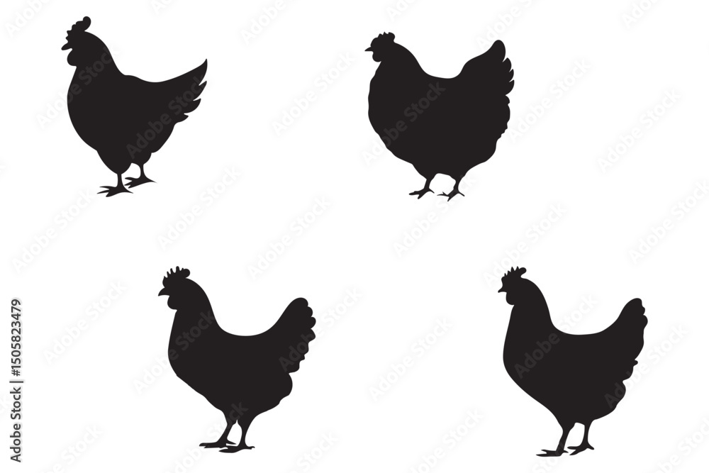 Fototapeta premium hen or chicken, rooster and chicks silhouette set. hen, rooster and chicks isolated farm animal silhouette icon vector collection hen chicken silhouette set eps 10