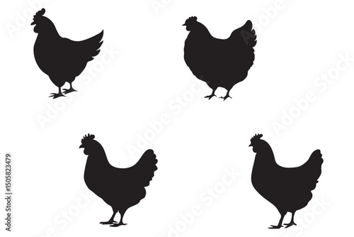 hen or chicken, rooster and chicks silhouette set. hen, rooster and chicks isolated farm animal silhouette icon vector collection hen chicken silhouette set eps 10