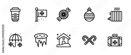Winter icons coffee flag candy ornament heater umbrella icicles house canes suitcase