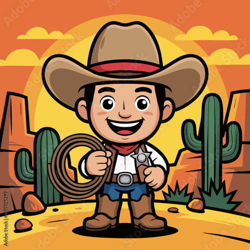 Cute Cartoon Cowboy Character Illustration – Kid-Friendly Western Mascot with Hat, Lasso, Boots and Big Smile in Flat Vector Style