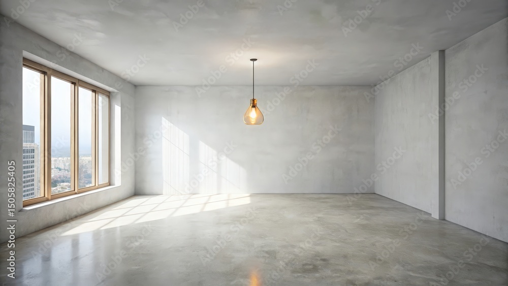 Fototapeta premium Spacious Empty Room with a Single Light Fixture and Sunlight Streaming Through a Large Window