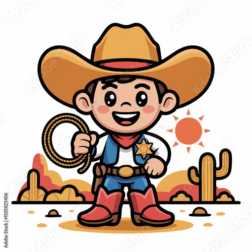 Cute Cartoon Cowboy Character Illustration – Kid-Friendly Western Mascot with Hat, Lasso, Boots and Big Smile in Flat Vector Style